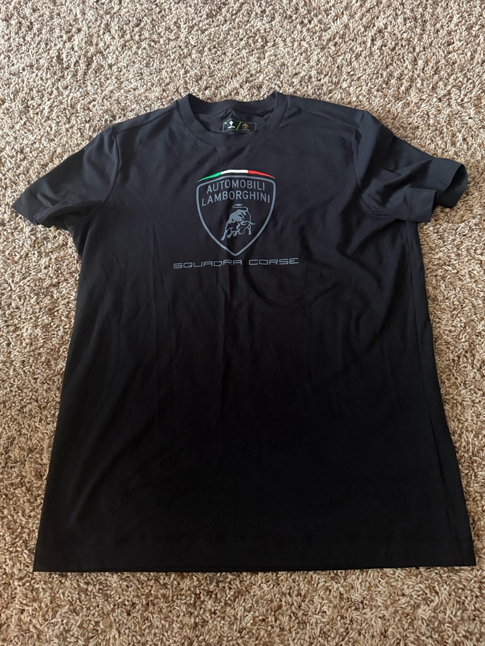 Lamborghini Black Squadra Corse Shield Logo Tee with Subtle Green and Red Accent